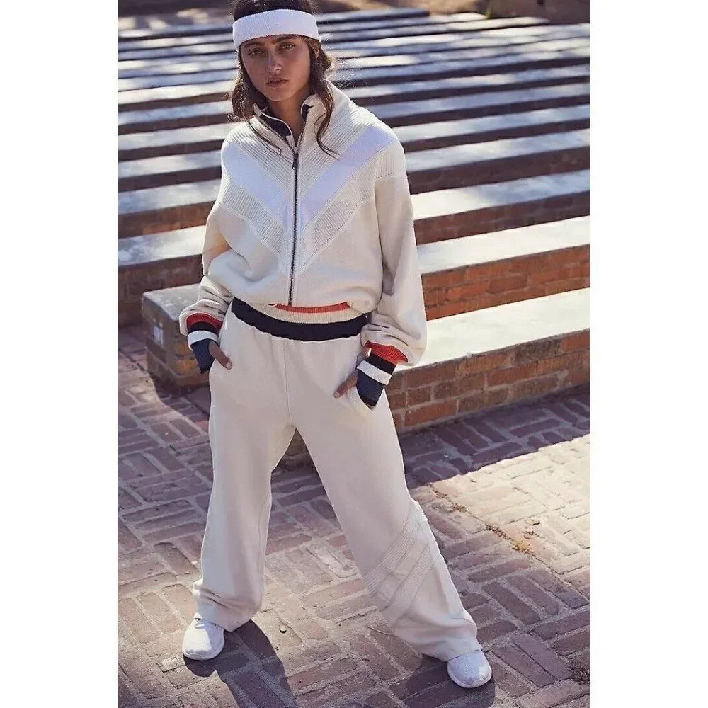 NEW FREE PEOPLE MOVEMENT Sz S EARLY RISER TRACK PANT WIDE LEG PULL ON IVORY